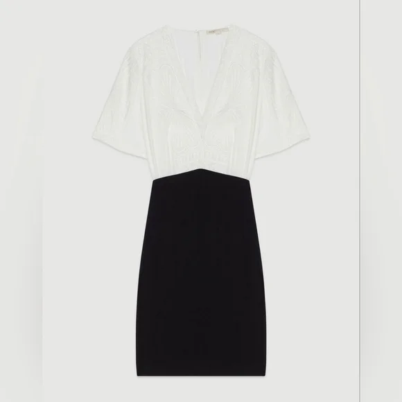 Maje Ravelle Lace-Inset Ceep V Neck Colorblock Mini Dress Ptp 17" Sz 3 UK / L US - Picture 3 of 16